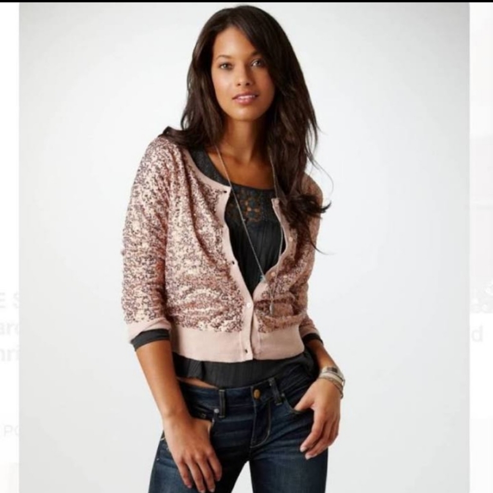 NWT American Eagle Copper Pink Sequin Cardigan - Picture 1 of 5